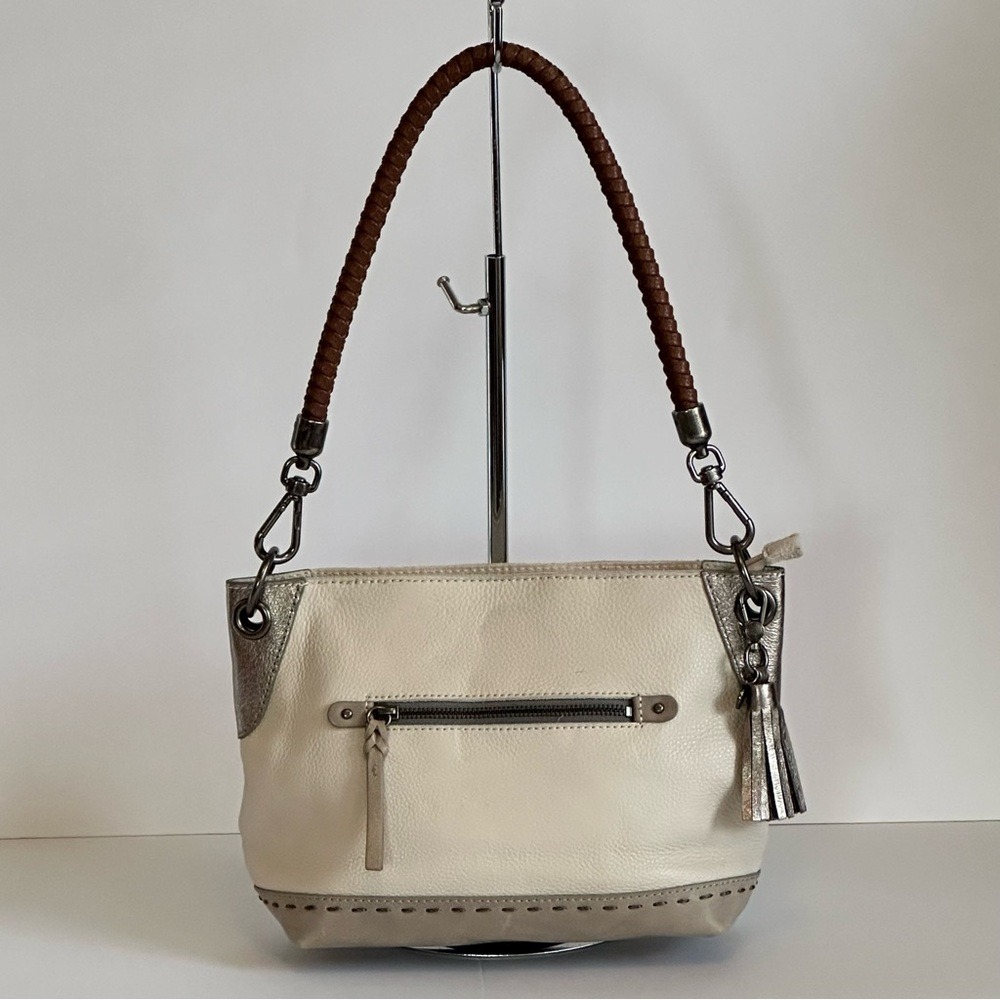 The Sak Thalia‎ Cream Pebbled Leather Gray Metallic Shoulder Bag Braided Strap
